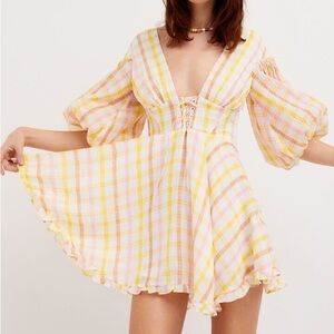 NEW For Love & Lemons Rue Puff Sleeve Pink Yellow Plaid Mini Dress XS